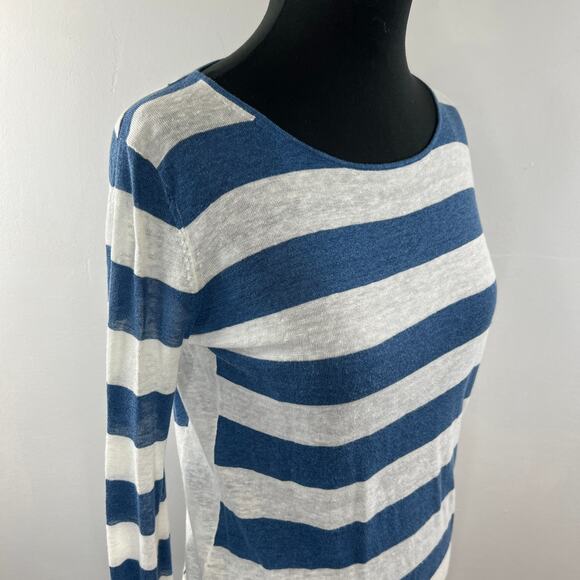 THEORY Blue White Stripe Linen Blend Long Sleeve Round Neck Pullover Sweater S - Picture 5 of 9